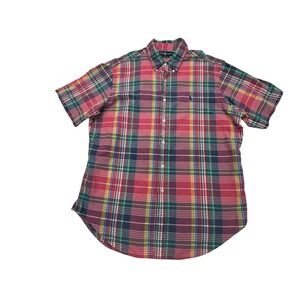 Ralph Lauren Madras Plaid Shirt Mens XL Short Sleeve Button Up Pink Green Preppy